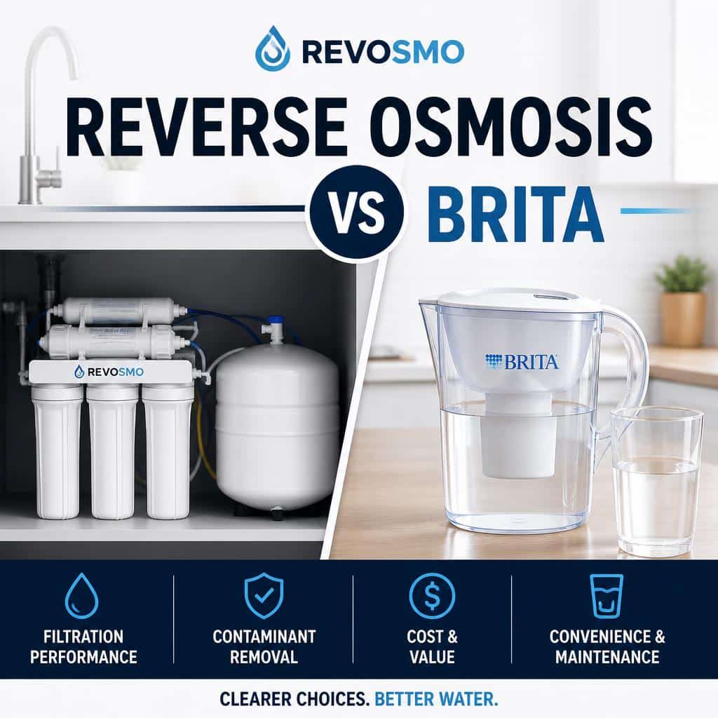 Reverse osmosis system and Brita water filter pitcher compared side by side