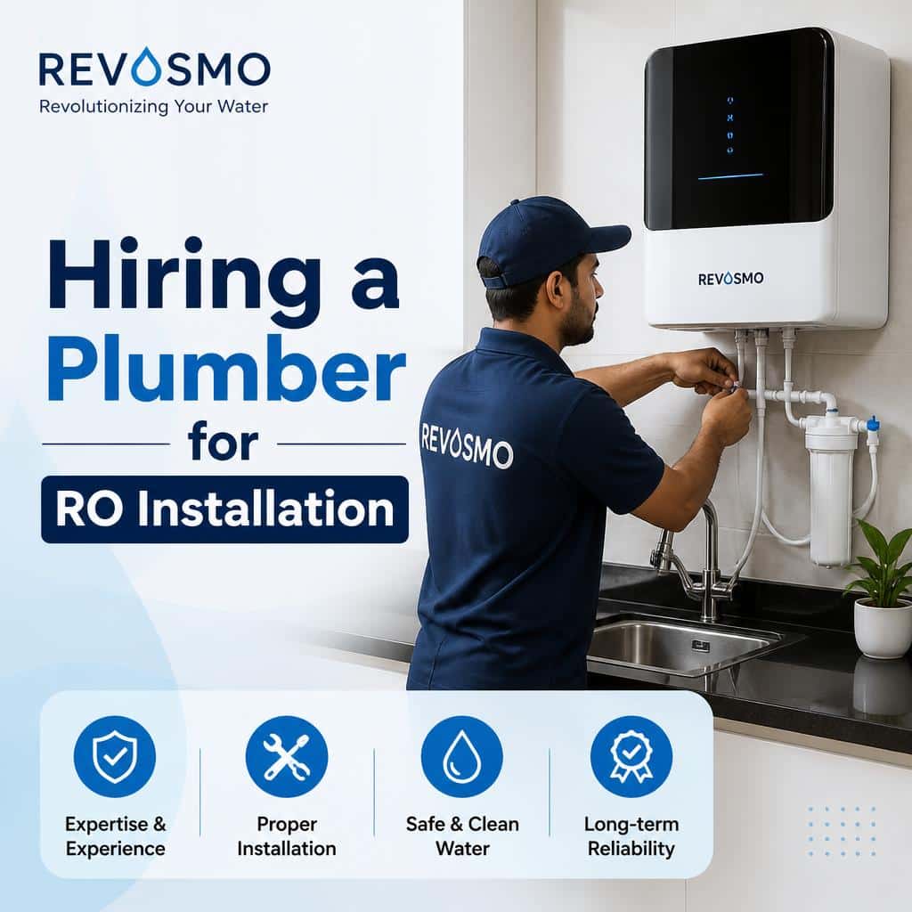 Plumber installing an under-sink reverse osmosis water filtration system in a kitchen