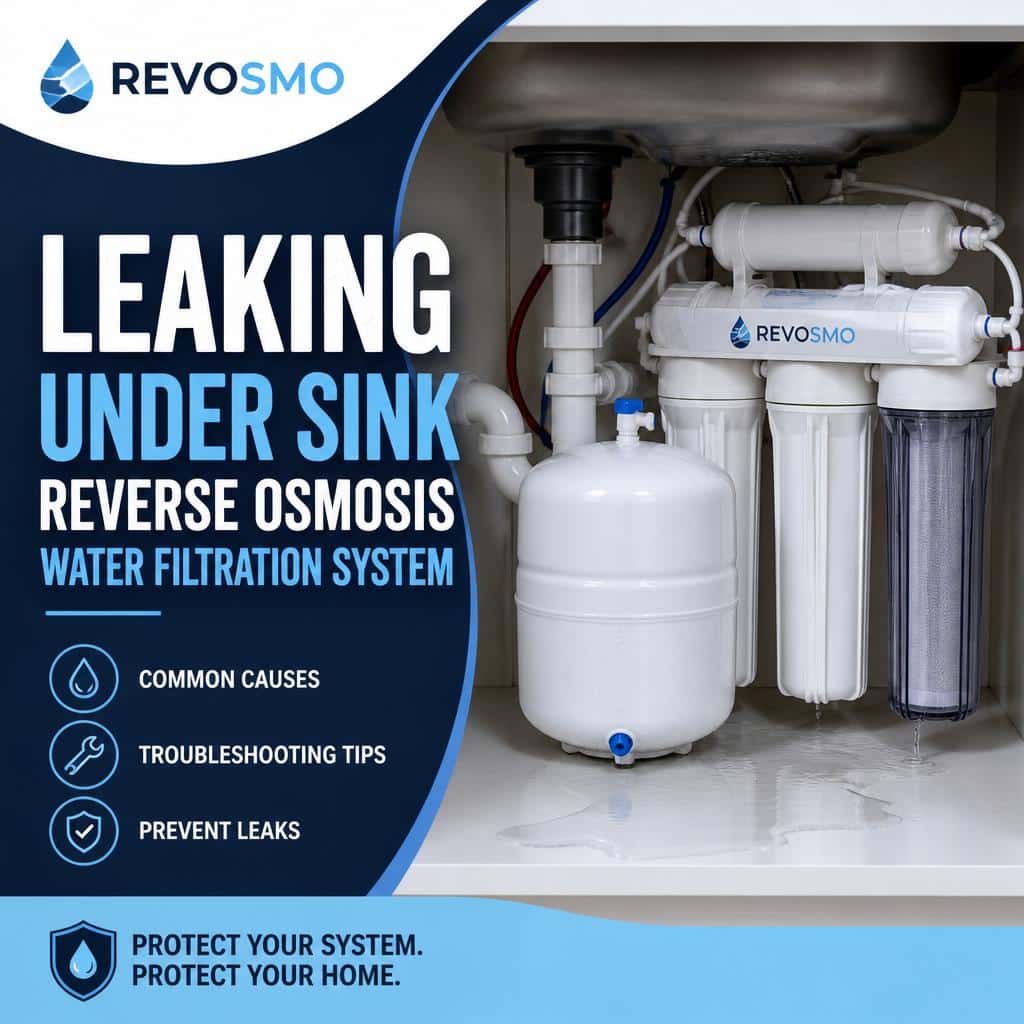 Leaking under-sink reverse osmosis water filtration system being inspected