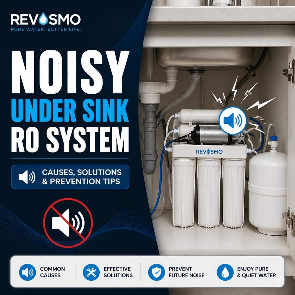 Homeowner troubleshooting a noisy under-sink reverse osmosis water filtration system