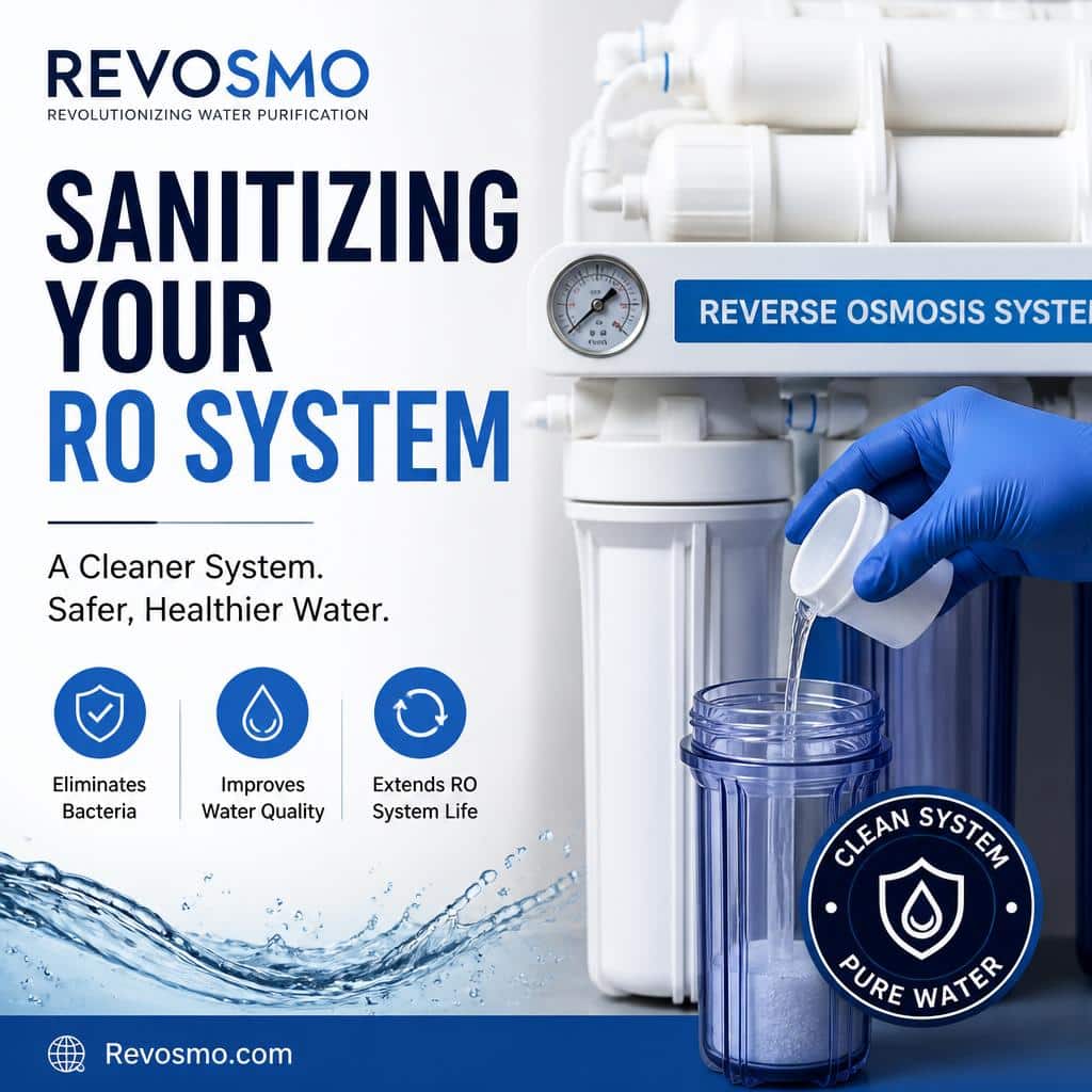 Sanitizing an under-sink reverse osmosis water filtration system during routine maintenance