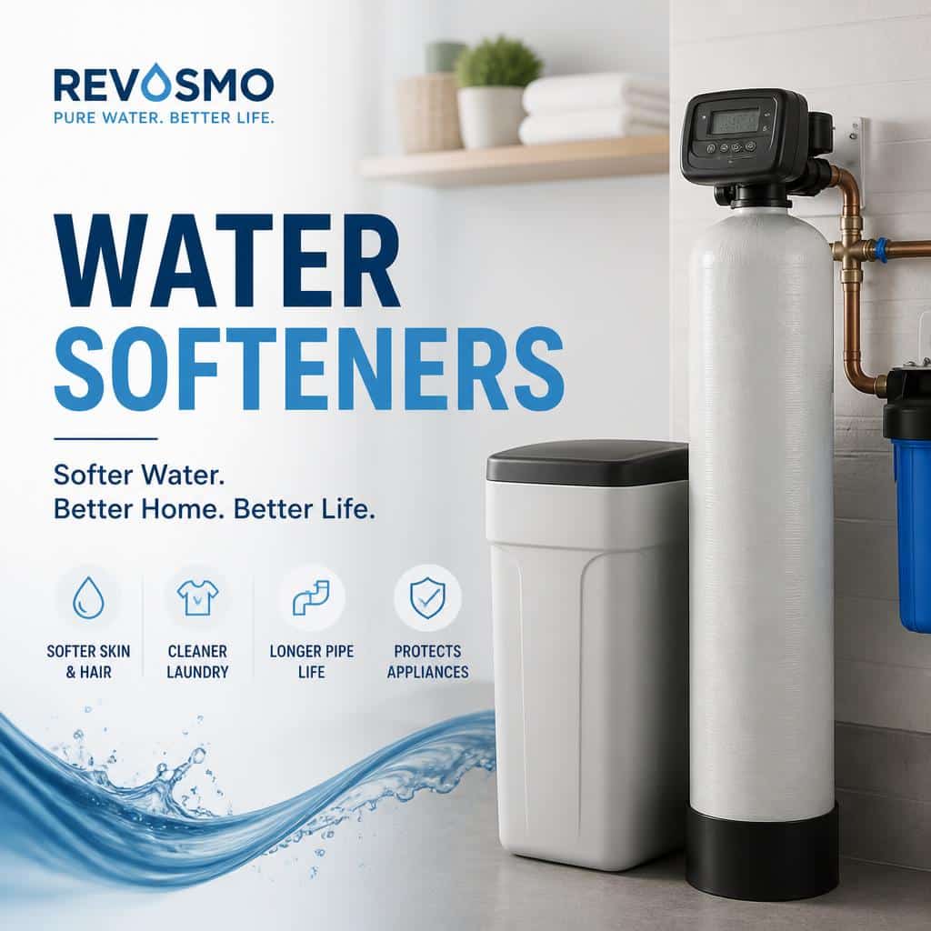 Water softener system treating hard water in a residential home