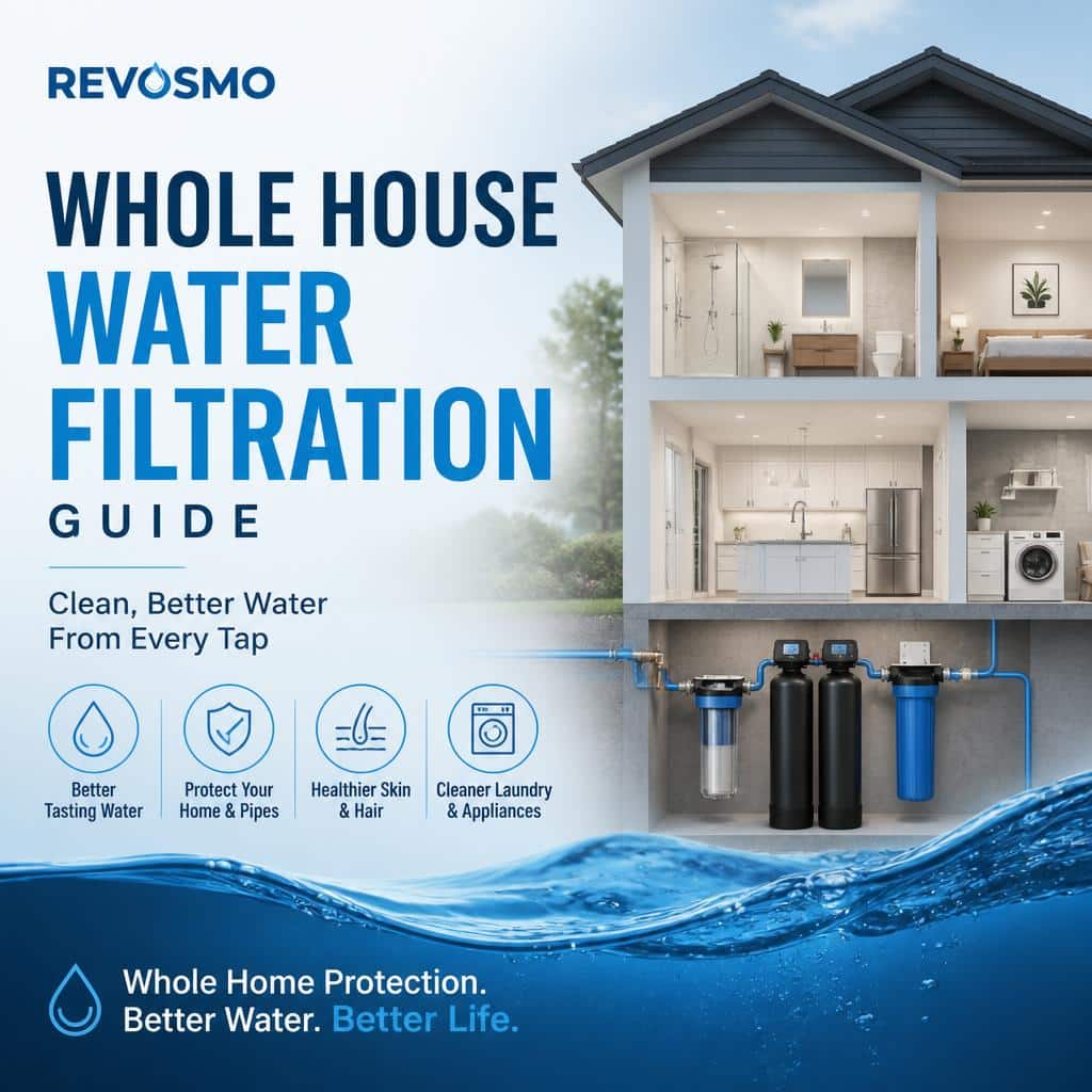Whole house water filtration system treating water entering a home